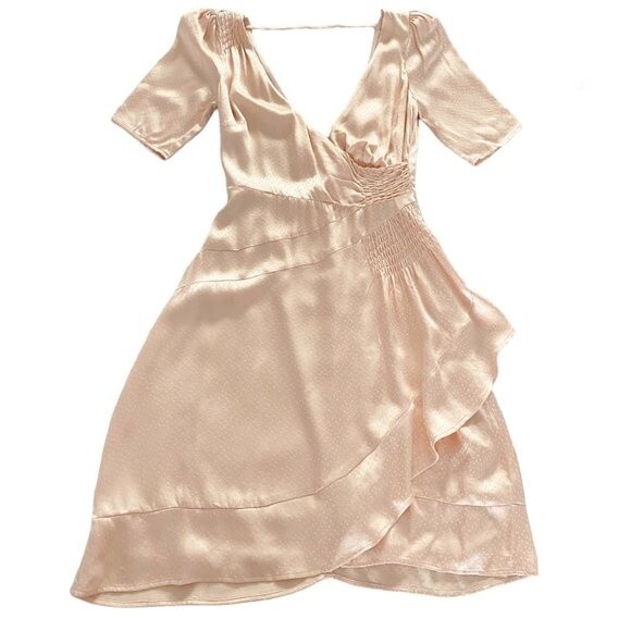 LPA Soft Blush Pink 3/4 Sleeve V Neck & Back Elettra Satin Jacquard Smocked S - Picture 4 of 13